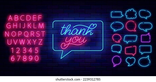 Thank you neon lettering quote in think cloud border. Greeting card with gratitude. Speech bubbles collection. Shiny pink alphabet. Glowing effect banner. Editable stroke. Vector illustration