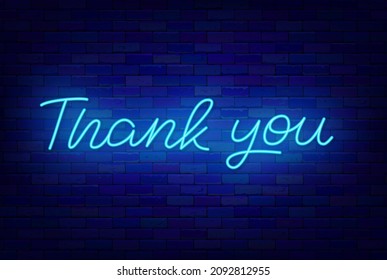 Thank you neon lettering. Shiny greeting card. Glowing quote. Outer glowing effect banner. Light phrase on brick wall. Luminous sign. Editable stroke. Vector stock illustration