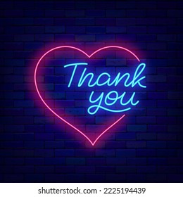 Thank you neon lettering signboard. Luminous emblem on brick wall. Heart frame. Greeting card with gratitude. Glowing effect banner. Editable stroke. Vector stock illustration