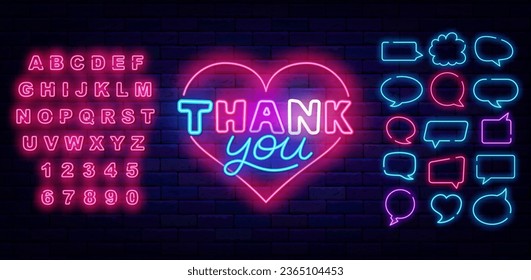 Thank you neon lettering signboard. Shiny pink alphabet. Speech bubbles frames set. Heart frame. Greeting card with gratitude. Glowing effect banner. Editable stroke. Vector stock illustration