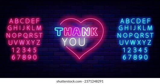 Thank you neon lettering signboard. Luminous emblem on brick wall. Heart frame. Shiny pink and blue alphabet. Greeting card with gratitude. Glowing banner. Editing text. Vector stock illustration