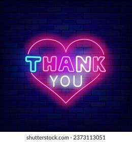 Thank you neon lettering signboard. Heart frame. Greeting card with gratitude. Glowing banner. Thanksgiving day. Editable stroke. Vector stock illustration