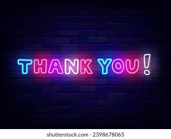 Thank you neon quote. Greeting card with gratitude. Glowing banner with colorful text. Editing text. Vector stock illustration