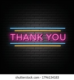 Thank you neon sign, design element, light banner, announcement neon signboard.