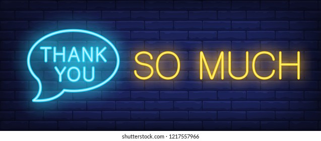 Thank you neon sign. Glowing neon inscription in speech bubble on dark blue brick background. Can be used for online chats, night advertisement, shops