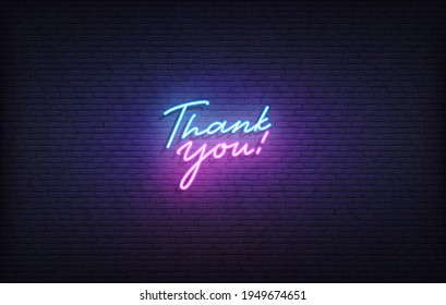 Thank You neon sign. Glowing neon lettering Thank You template