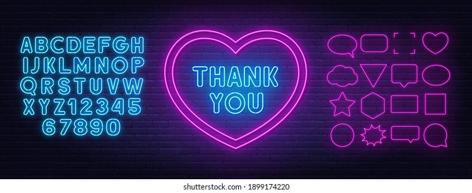 Thank you neon sign in a heart-shaped frame. Blue neon alphabets and pink speech bubble frame.