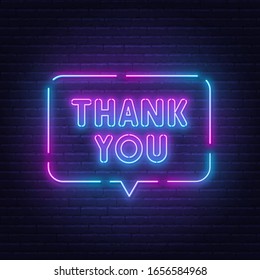 Thank You Neon Sign On Brick Wall Background.