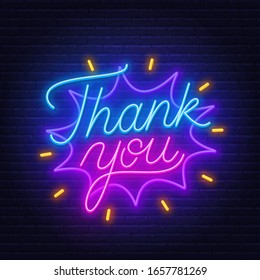 Thank You Neon Sign On Brick Wall Background.