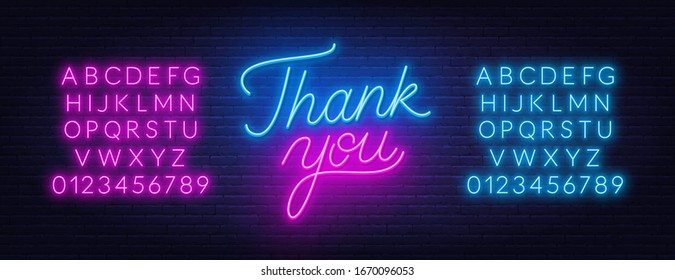 Thank You Neon Sign On Brick Wall Background.