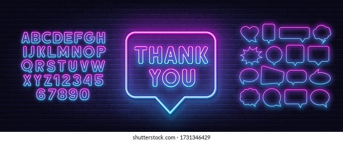 Thank you neon sign on brick wall background.