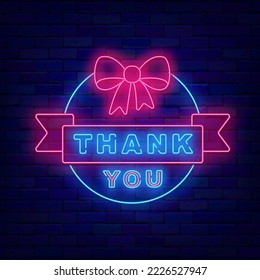 Thank you neon signboard on brick wall. Greeting card with gratitude. Luminous advetising. Bow and ribbon. Glowing effect banner. Editable stroke. Vector stock illustration