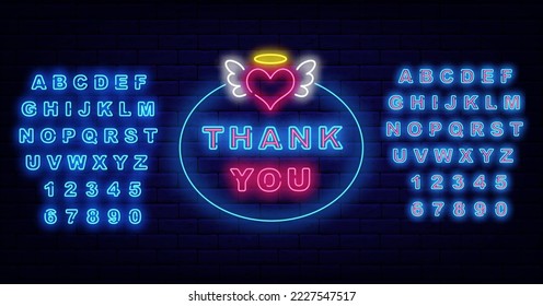 Thank you neon signboard on brick wall. Saint heart with wings. Greeting card with gratitude. Shiny pink and blue alphabet. Luminous advetising. Glowing banner. Vector stock illustration