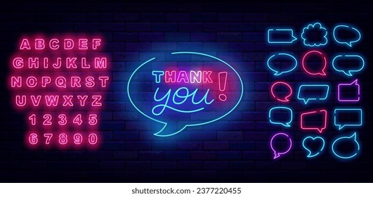 Thank you neon signboard. Shiny pink alphabet. Speech bubbles frames set. Greeting card with gratitude. Glowing banner with lettering and colorful text. Editable stroke. Vector stock illustration