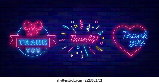 Thank you neon signboards collection. Labels on brick wall. Confetti frame. Heart frame. Ribbon and bow. Greeting card with gratitude. Luminous advetising. Glowing banner. Vector stock illustration