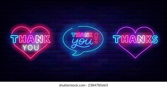 Thank you neon signboards collection. Heart and speech bubble frame. Greeting cards with gratitude. Glowing banner. Thanksgiving day. Editable stroke. Vector stock illustration