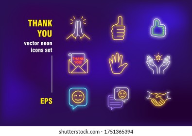 Thank you neon signs collection. Thumb up, letter and handshake. Vector illustrations for bright signboards. Expression and communication concept