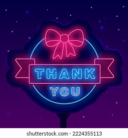 Thank you neon street billboard. Greeting card with gratitude. Luminous advetising. Bow and ribbon. Glowing effect banner. Editable stroke. Vector illustration