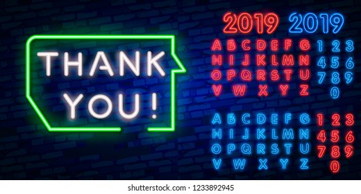 Thank You Neon Text Vector. Thank You neon sign, design template, modern trend design, night neon signboard, night bright advertising, light banner, light art. Vector. Editing text neon sign