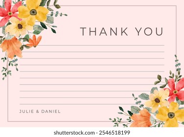 thank you note card yellow orange floral watercolor frame
