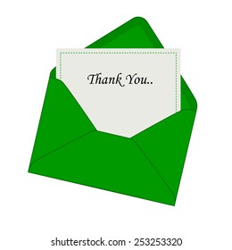 Thank you note coming out from a beautiful green envelope isolated illustration