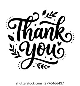 A thank you note features stylized text with leaves and stars surrounding the words. It shows appreciation and gratitude in a creative design.
