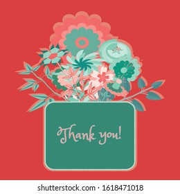 Thank you. Note in green frame with cute flowers bouquet. Vector illustration on red background