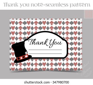 Thank you Note - Hatter Hat from Wonderland.  Printable Vector Illustration for Graphic Projects, Parties and the Internet. Thank you card for children party