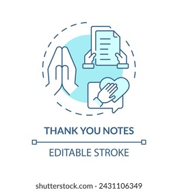 Thank you notes soft blue concept icon. Employee recognition. Handwritten message for coworker. Express gratitude. Round shape line illustration. Abstract idea. Graphic design. Easy to use