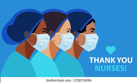 THANK YOU Nurses in medical mask and hat. International Nurses Day. Virus symbol in the air. Medical staff are fighting a viral infection. Vector illustration of a nurse in blue uniform on a blue.