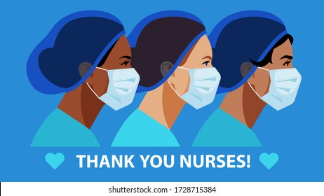 THANK YOU Nurses in medical mask and hat. International Nurses Day. Medical staff are fighting a viral infection. Vector illustration of a nurse in blue uniform on a blue.