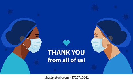 THANK YOU Nurses in medical mask and hat. International Nurses Day. Virus symbol in the air. Medical staff are fighting a viral infection. Vector illustration of a nurse in blue uniform on a blue.