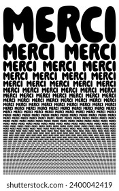 Thank you on french, black and white card composed of big amount of decreased words. Booklet with microtext for wallpaper usage. Vector illustration.