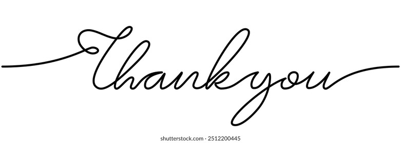 Thank you. One line continuous lettering. Thank you handwritten black ink calligraphic inscription for greeting cards, posters, banners, gifts. Editable stroke vector illustration.