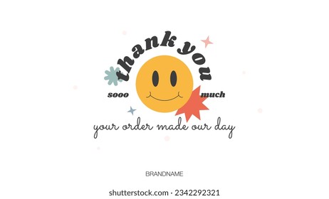 Gracias por el orden, ilustración vectorial imprimible. Tarjeta de cliente de agradecimiento profesional con plantilla de diseño de elementos de forma y rostro sonriente. 