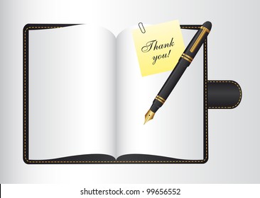 thank you over book open with pen. vector illustration