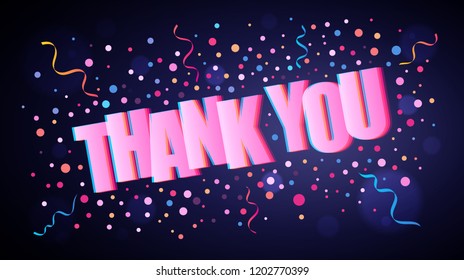 Thank you overlapping festive lettering with colorful round confetti over dark violet background for your graphic and web design