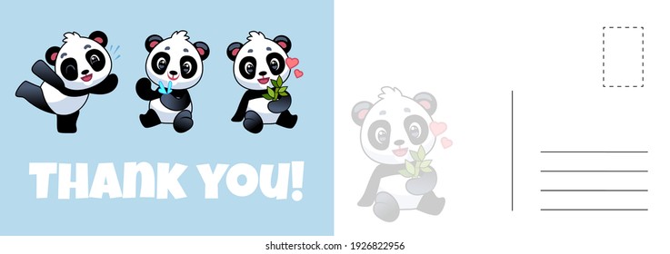 Thank you panda postcard. Cute asian adorable bears, grateful letter template with baby pandas, holiday kids modern design kawaii animal invitation and greeting card, vector cartoon illustration