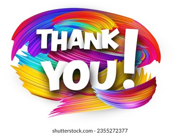 Thank you paper word sign with colorful spectrum paint brush strokes over white. Vector illustration.