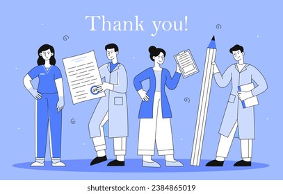 Thank you people line concept. Doctors with contract and pencil. Heroes from medical profession. Health care and treatment, medicine. Linear flat vector illustration isolated on blue background