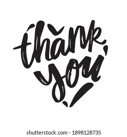 Thank You phrase Calligraphy Handwritten in Heart shape with textured brush effect lines in black and white. Use on cards, banner, poster, sticker, packaging and other suitable place.