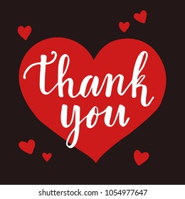 Thank you phrase  Cute hand drawn colorful calligraphic lettering and red hearts black background  Perfect for greeting cards  posters  print ect  Vector illustration