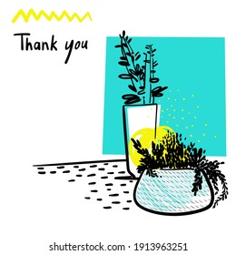 Thank you phrase with hand drawn plant elements