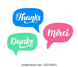 Thank you phrase, hand written lettering in german, english and french. Vector modern calligraphy elements for typography design, greeting cards, social media.