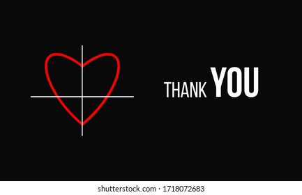 thank you phrase and heart shape math graph on black background, vector card