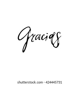 Thank you. Phrase in Spanish handmade. Gracias. Stylish, modern calligraphy.  Quote with swirls. Search for the design of brochures, posters, banners, 