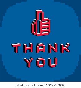 Thank you phrase with a thumb up symbol created in digital technology style, vector 8 bit positive hand gesture. Pixel art inscription.