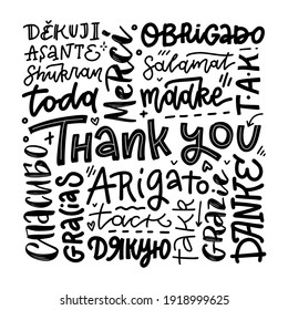 Thank you phrases in many languages. Thanks modern phrases handwritten vector calligraphy. Black ink brush paint and linear lettering collection isolated on white background. Postcard, greeting card