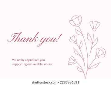 Thank you pink flower blossom card banner vintage romantic line design template vector illustration.