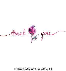 thank you/ pink small rose with pink words on white background/ flowers/ bud/ petals/ watercolor sketch/ vector illustration
